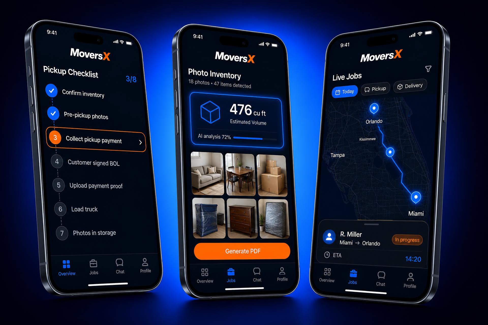 MoversX screens: job checklist, inventory scanner, dispatcher view